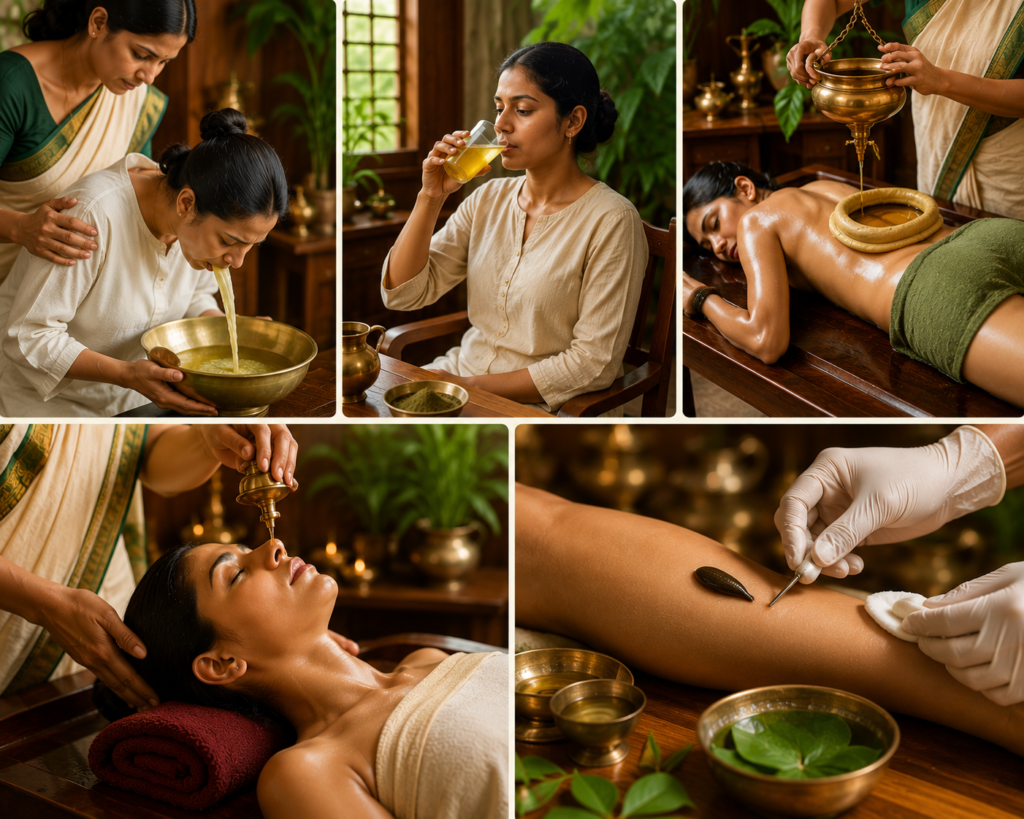 Panchakarma therapies including Vamana, Virechana, Basti, Nasya and Raktamokshana Ayurvedic treatment